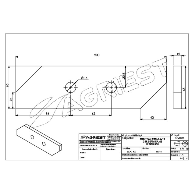 Couteau Epandeur 230X65X12 2 TRS Ø16 EA 62 Adaptable Leboulch référence fournisseur 448186